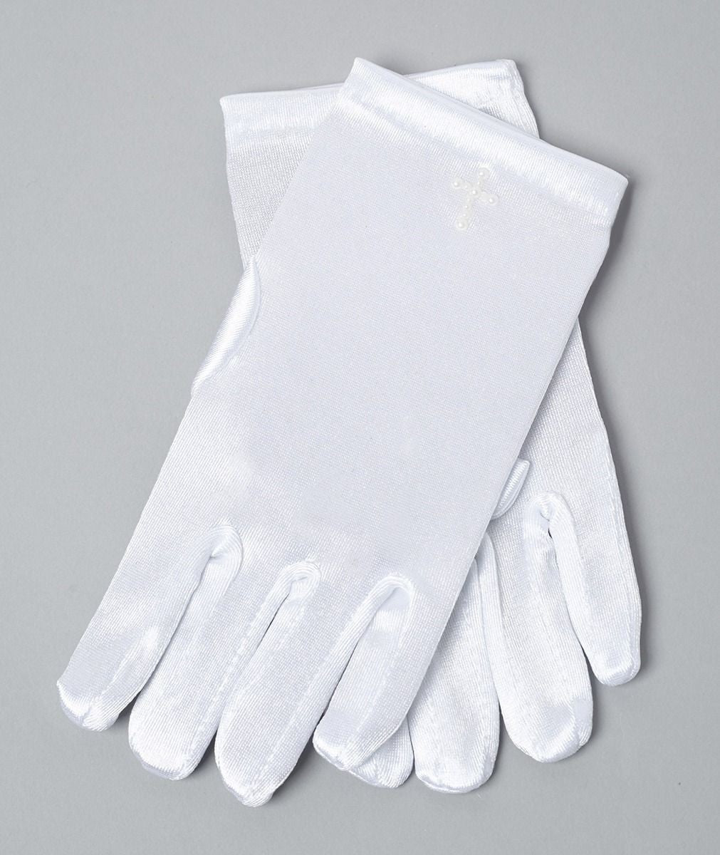 Girls' White Satin Gloves with Pearl Cross - GABY