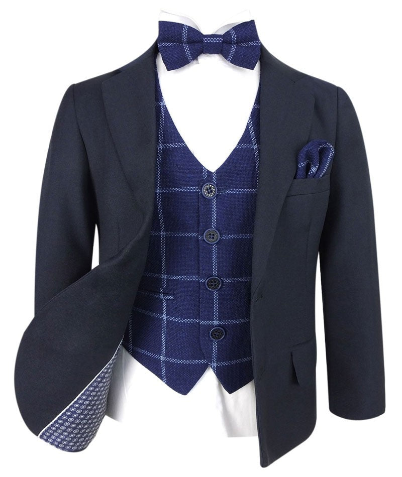 Ensemble Costume avec Gilet en Tweed à Carreaux Bleu Marine pour Garçons - Bleu Marine