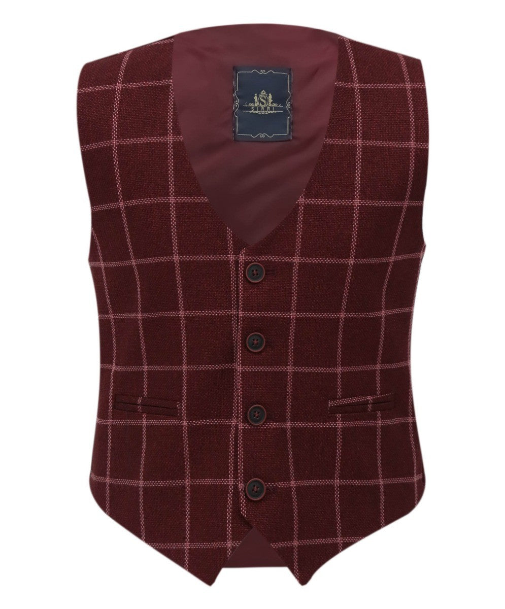 Boys Tweed Check Cotton Waistcoat Set - Maroon - Burgundy