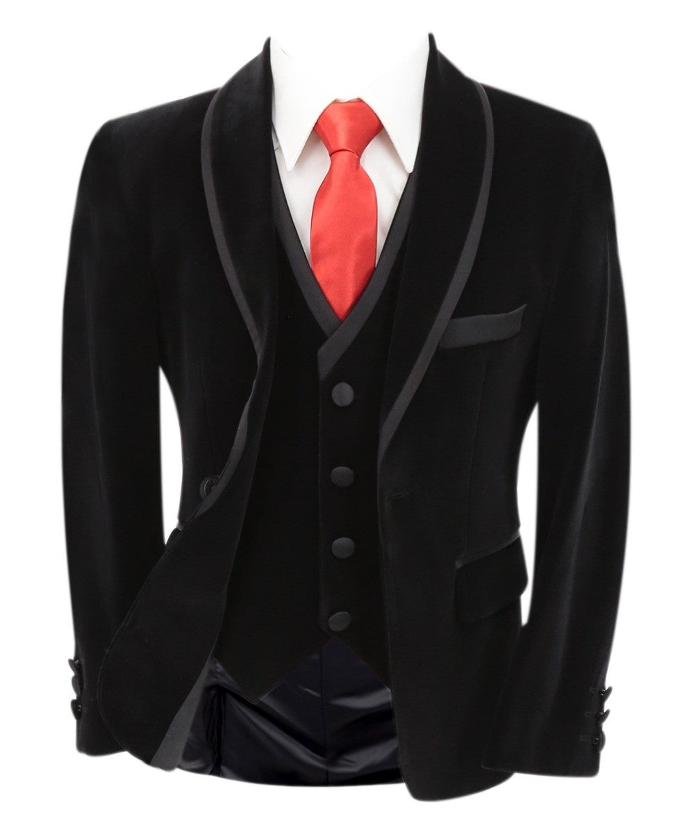 Costume de Smoking en Velours à Passepoil Slim Fit pour Garçons - LONDON - Noir