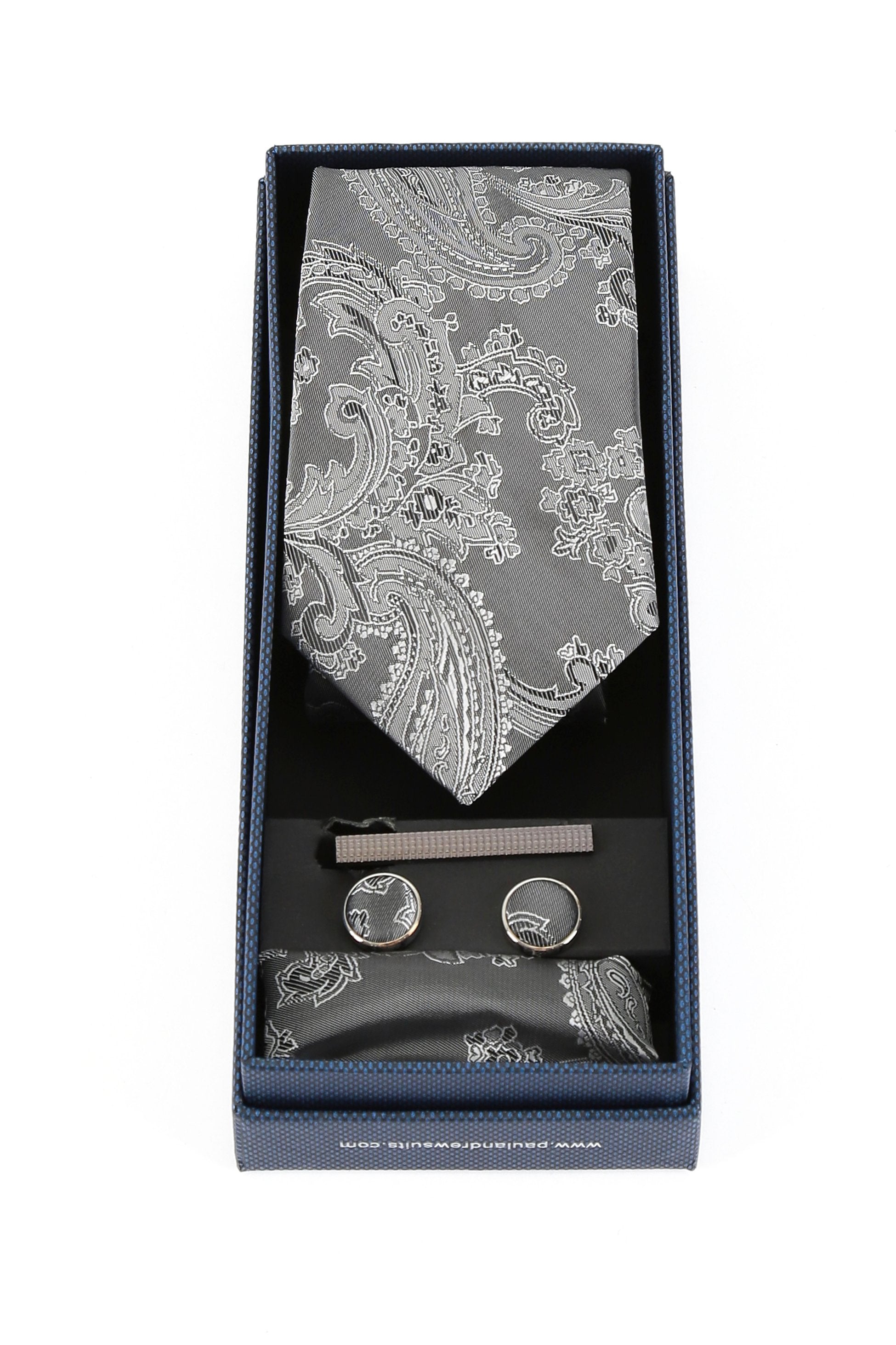 Ensemble cravate et boutons de manchette paisley pour hommes - Gris