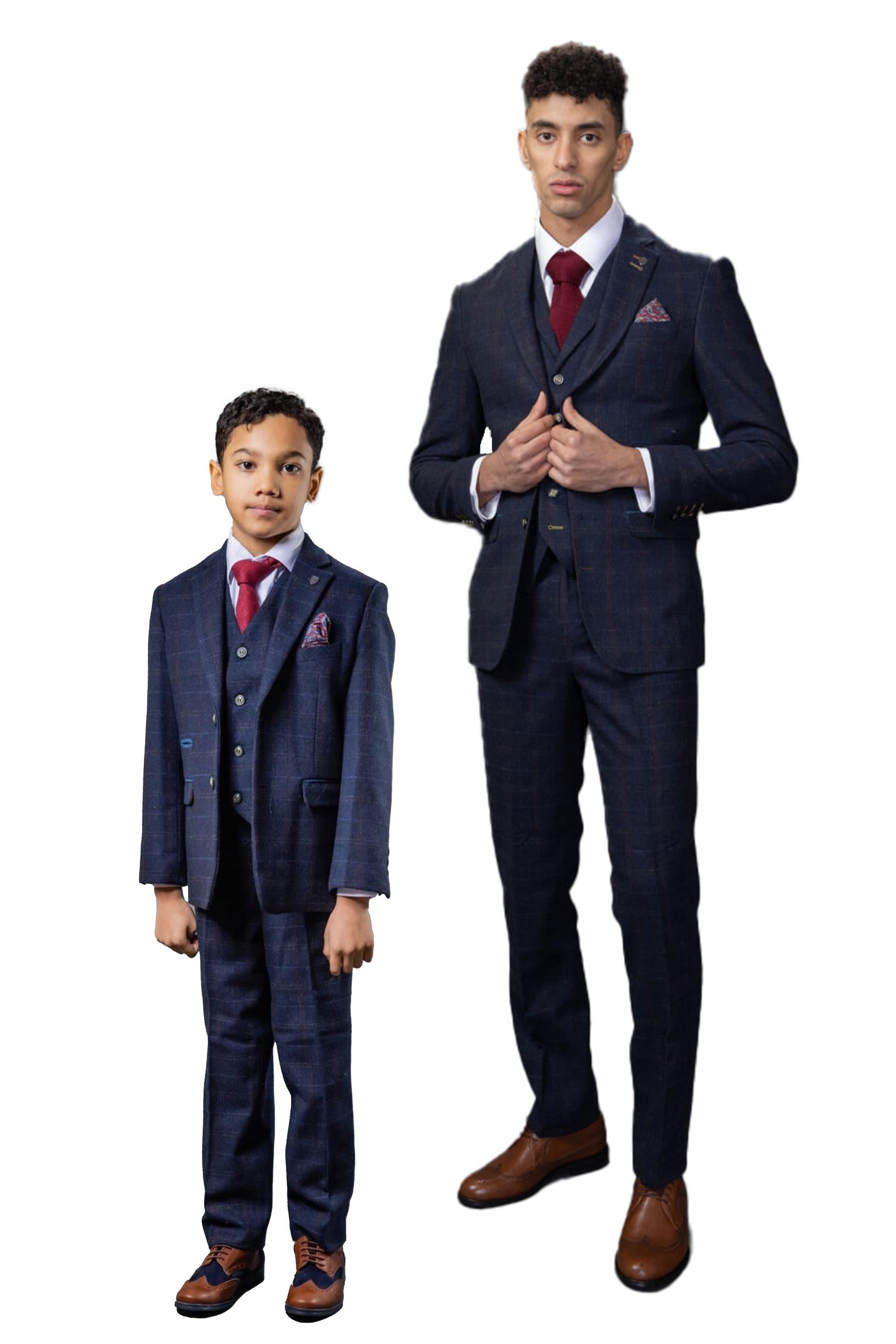 Boys Tweed Windowpane Check Tailored Fit Suit - Ryan Navy - Navy Blue