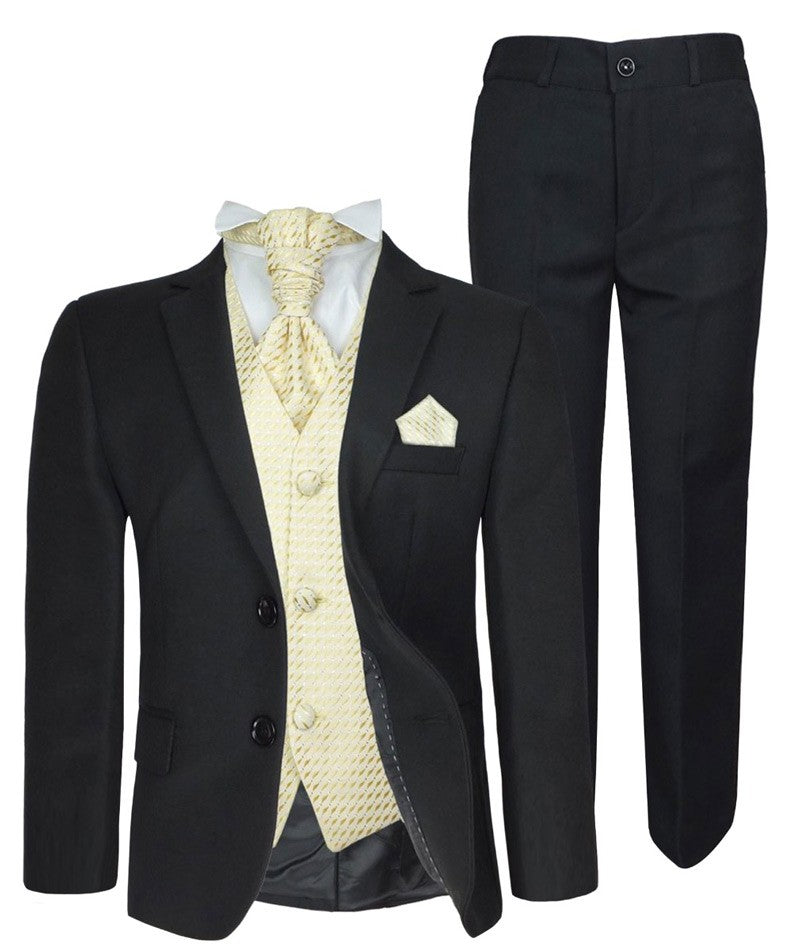 Boys Formal Suit with Patterned Waistcoat and Cravat Set - Black and Gold