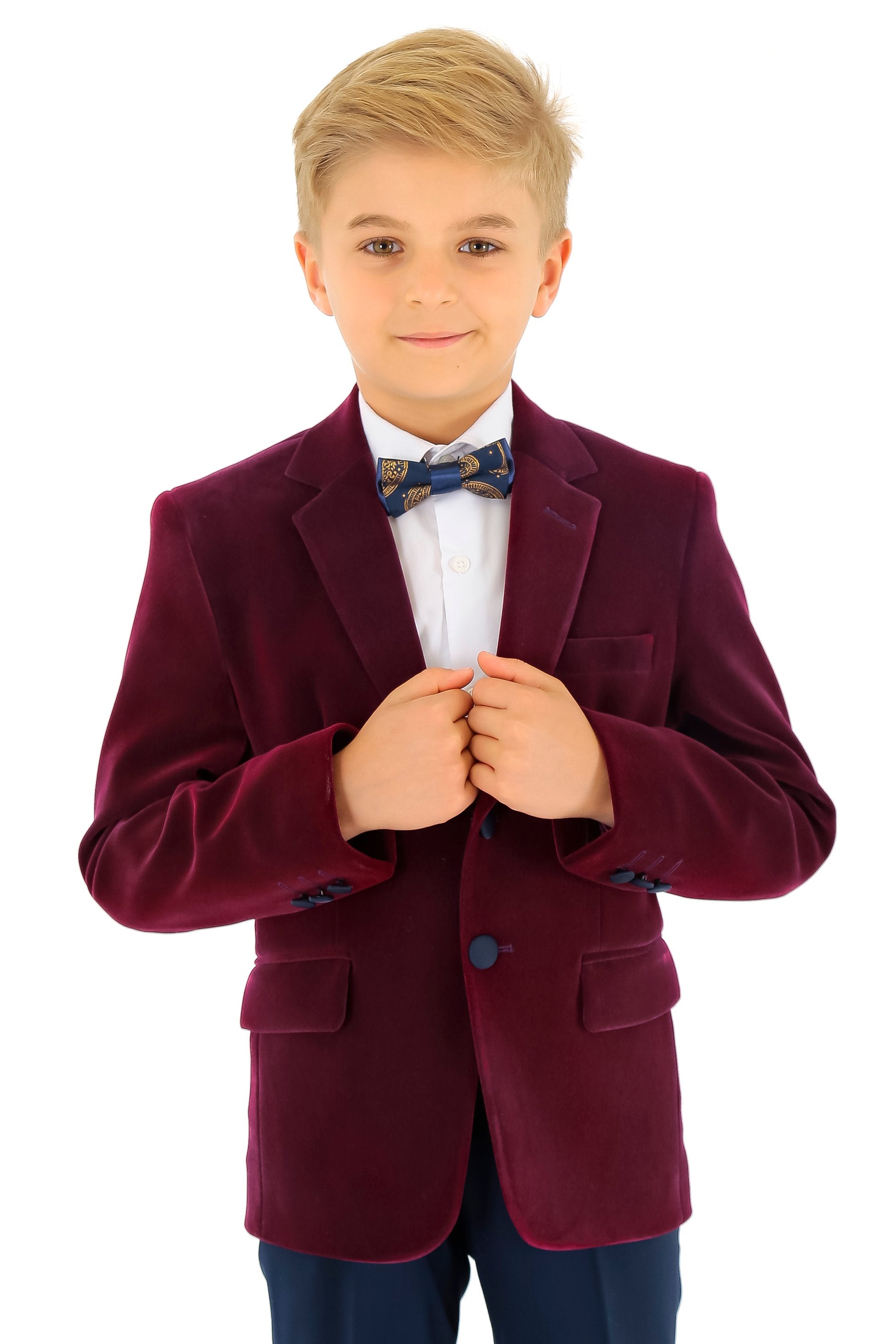 Boys Velvet Slim Fit Formal Blazer - Hackney - Burgundy