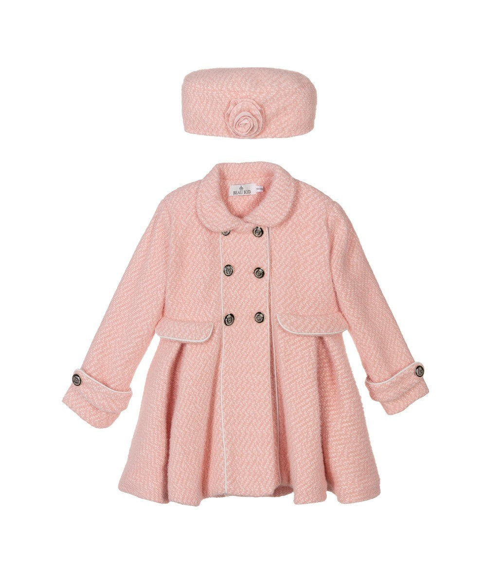 Ensemble Manteau Midi à Carreaux Double Bouton pour Filles - Rose