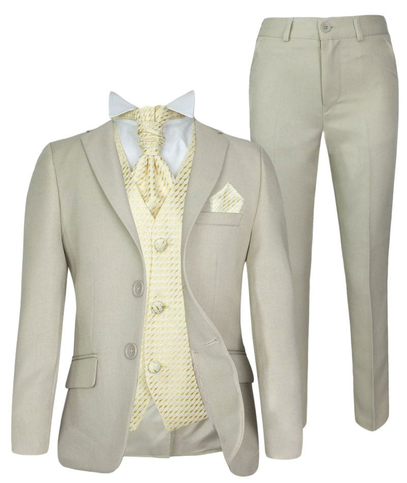 Boys Beige Suit with Patterned Waistcoat and Cravat Set - Beige - Gold
