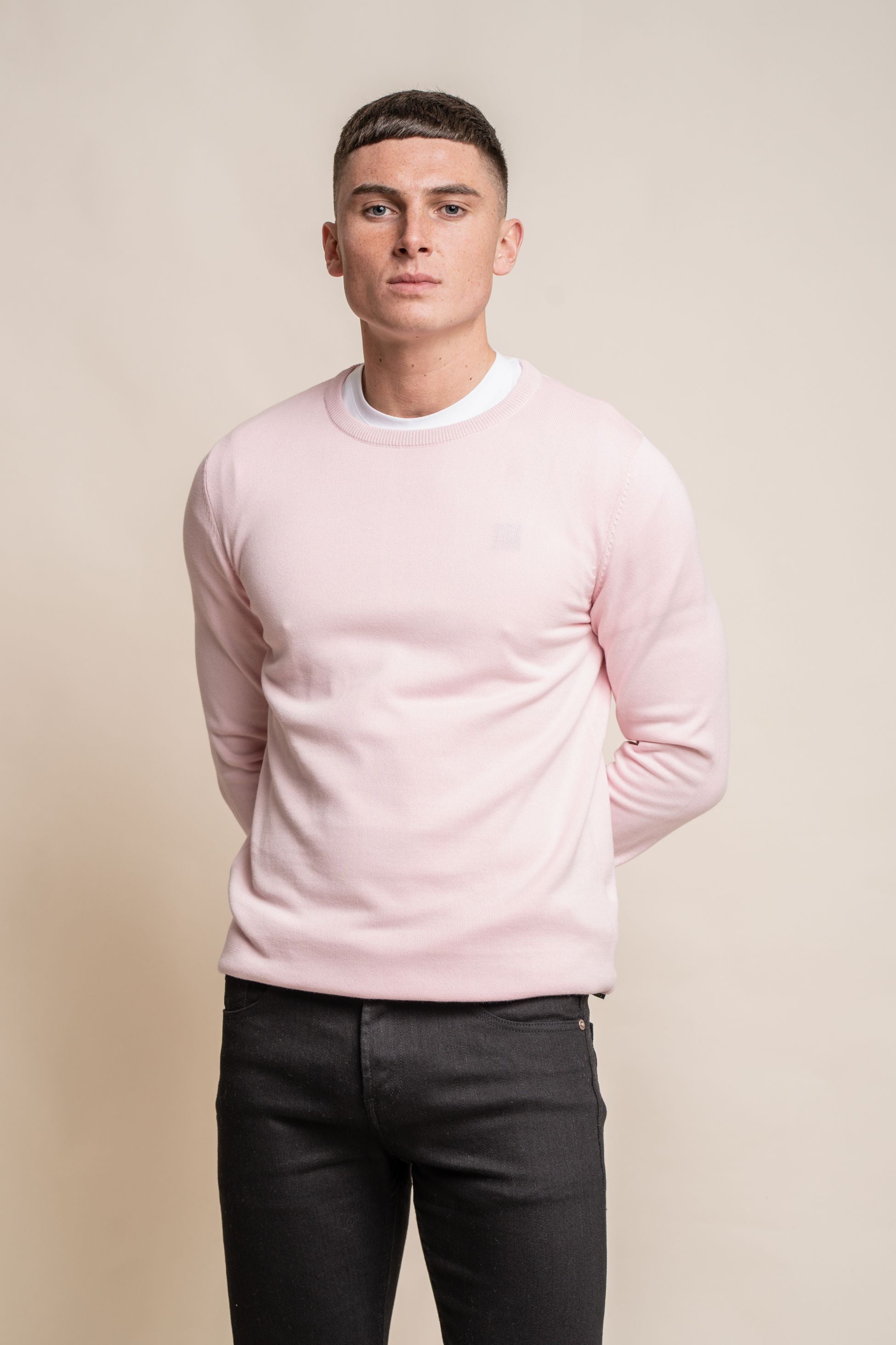 Pull en coton ajusté à col rond pour hommes - Rose