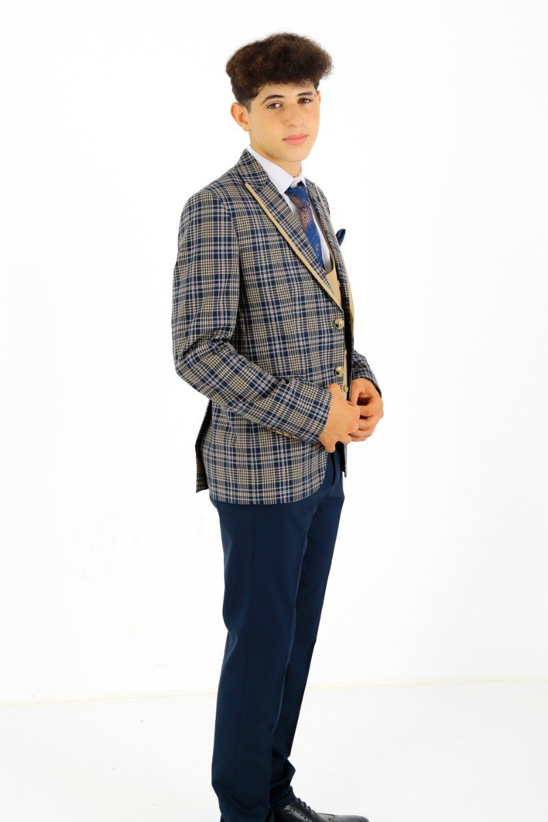 Boys Plaid Check Slim Fit Suit - Navy Blue- Beige