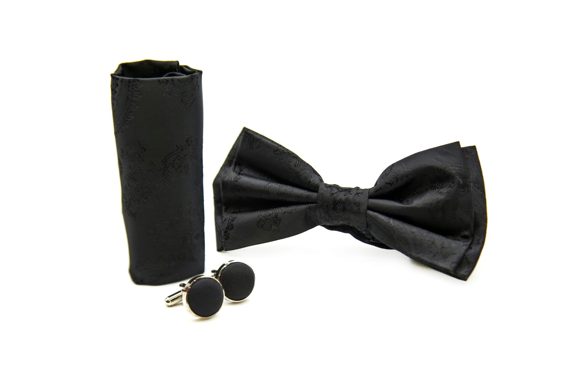 Men's Paisley Bowtie Pocket Square Cufflinks Set - Black