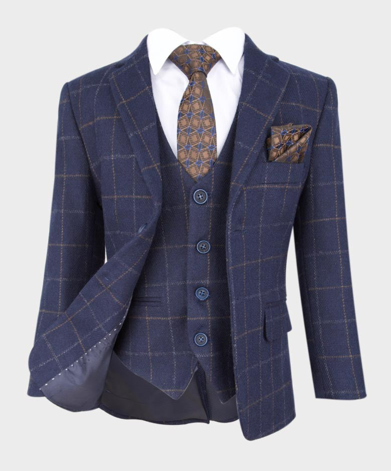 Jungen Maßgeschneiderter Tweed Karo Marineanzug - SHELBY - Marineblau