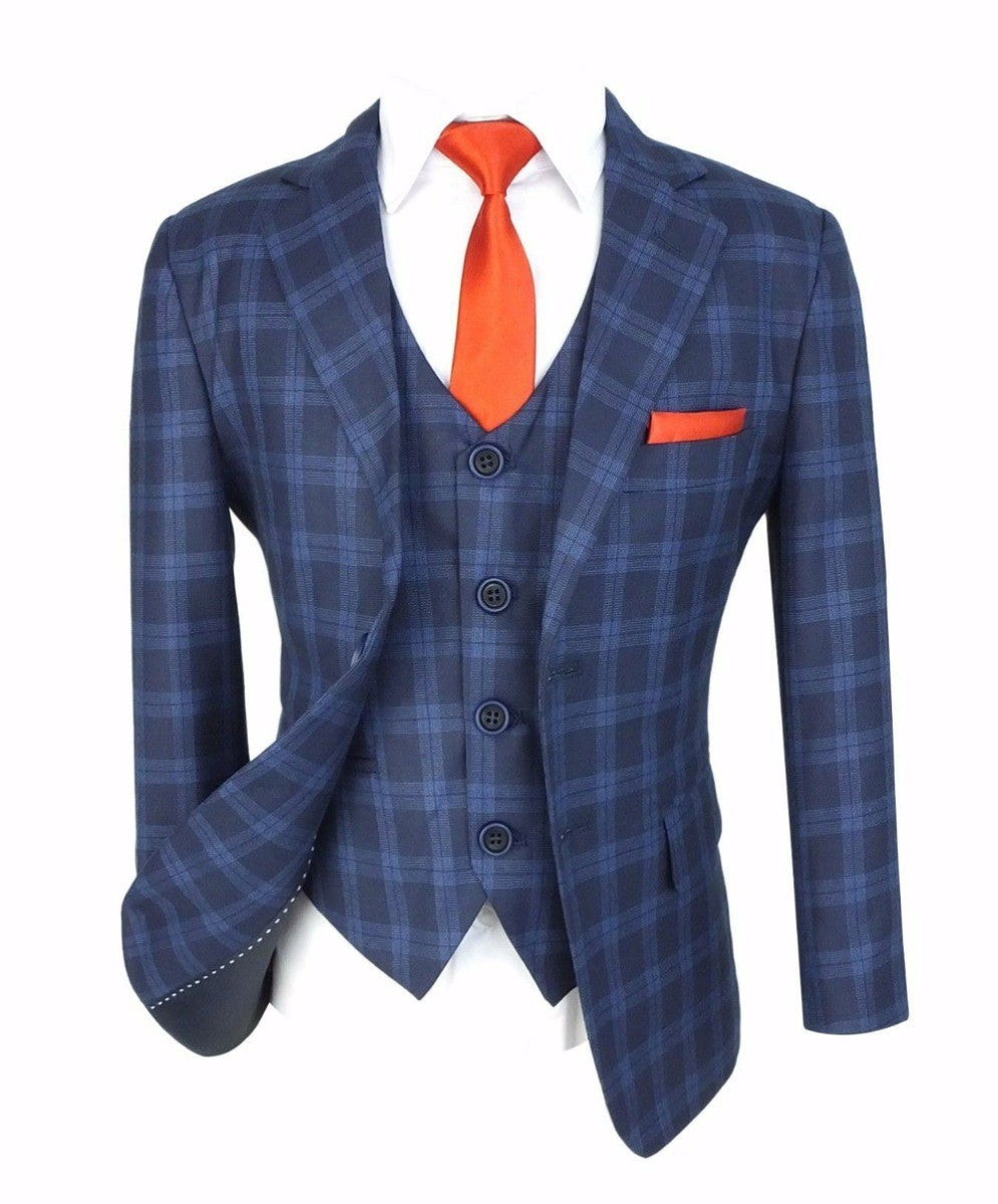 Costume en Tweed à Carreaux Windowpane Tailored Fit pour Garçons - Bleu Foncé