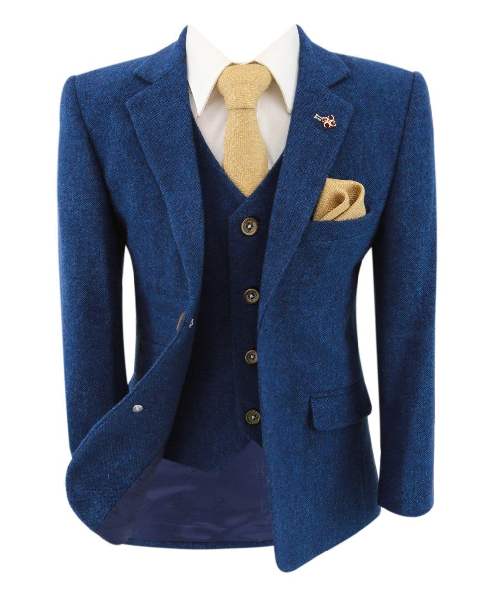 Boys Tweed Wool Blend Slim Fit Blue Suit - ORSON - Blue