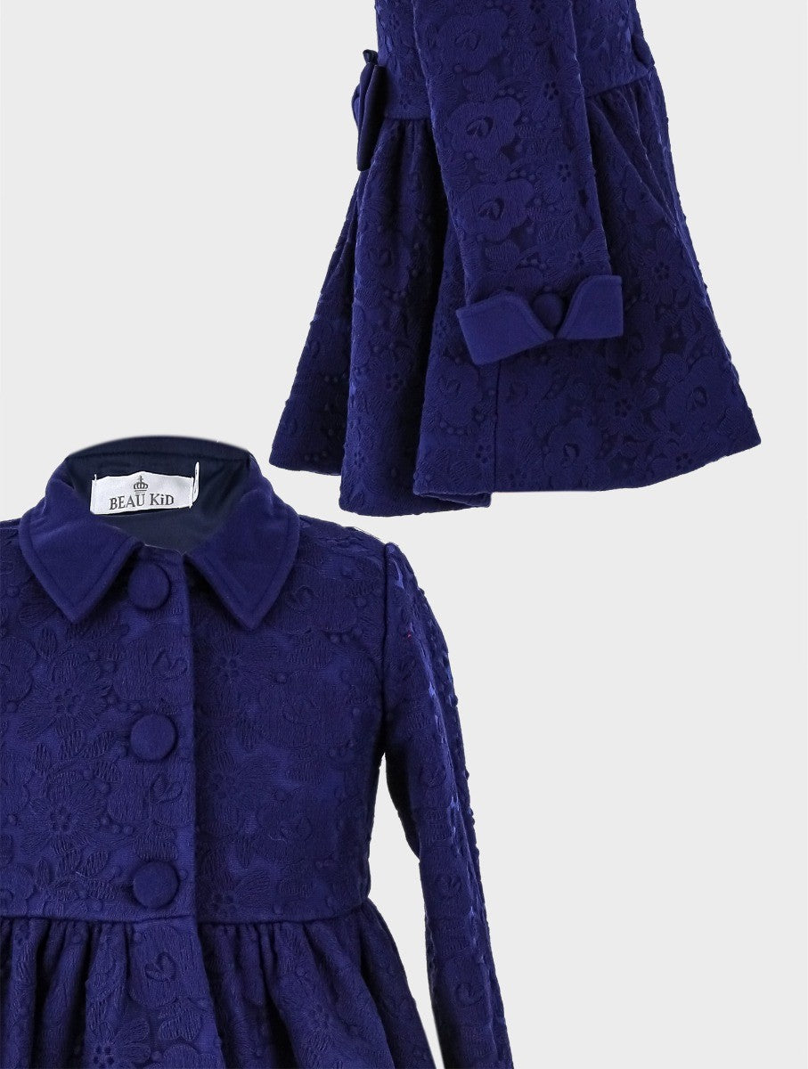 Ensemble Manteau Brodé Fleuri en Dentelle 2 Pièces pour Filles - Bleu Marine