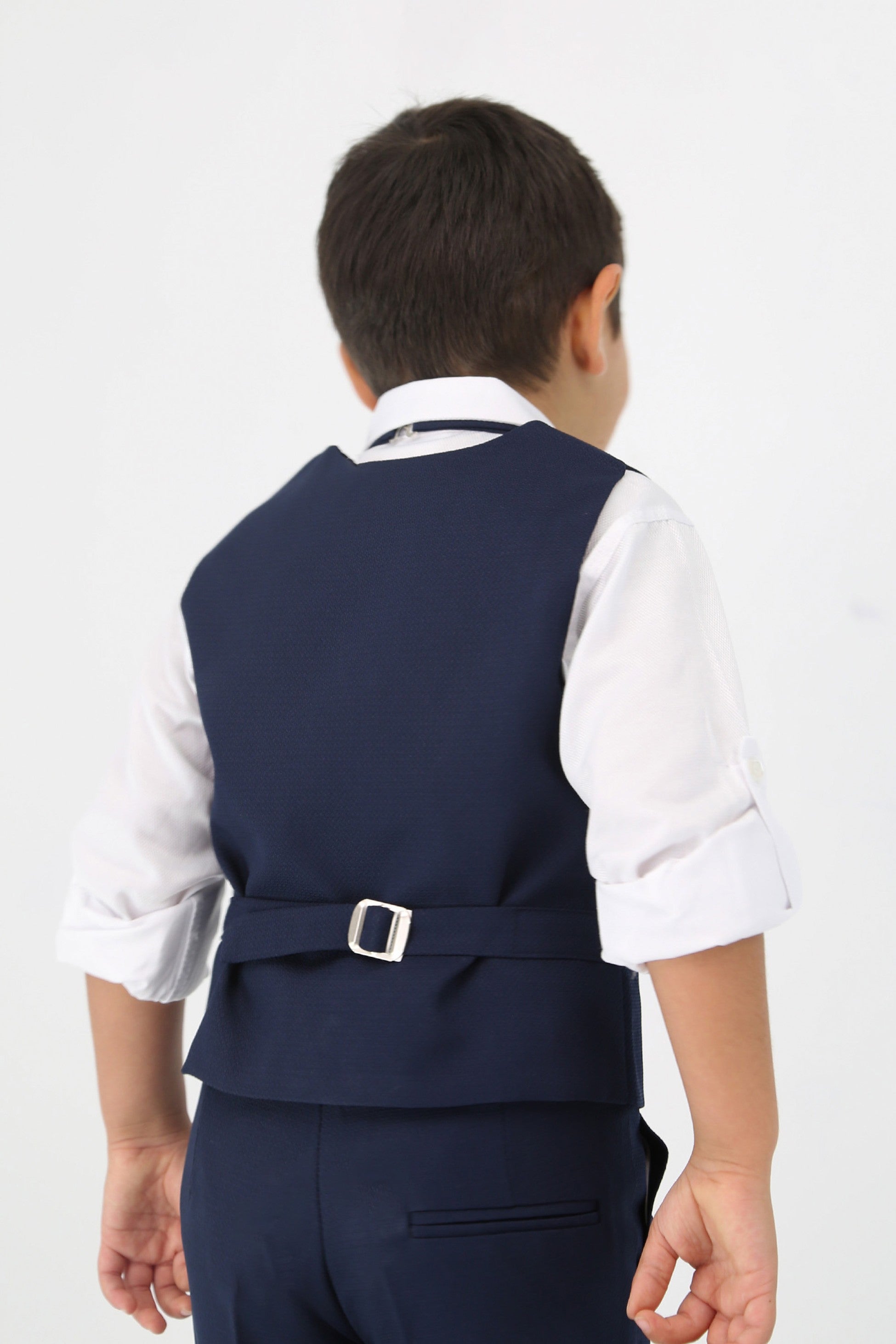 Ensemble de costume avec gilet texturé ajusté pour garçons, tenue formelle - Bleu Marine