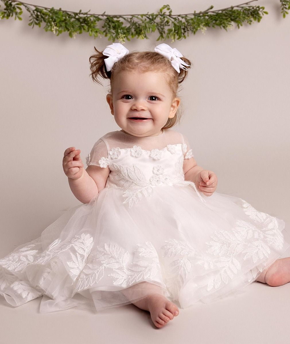 Baby Girls Leaf Lace Ivory Bow Dress - ANAYA - Ivory