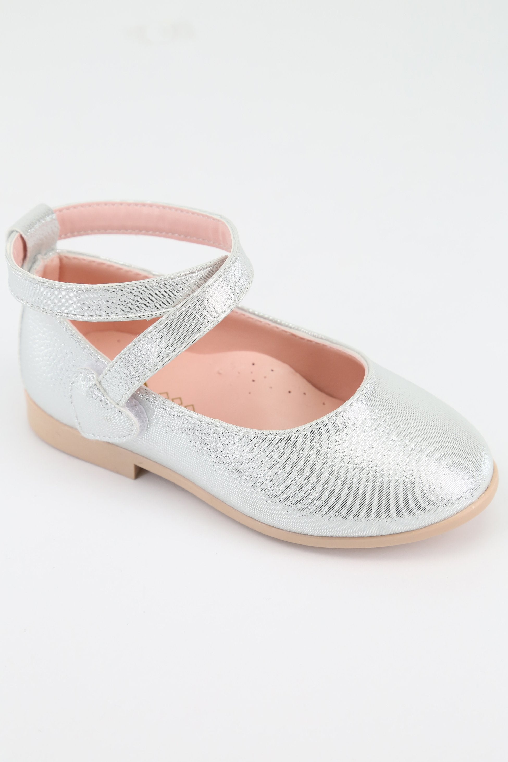 Girls' Shiny Mary Jane Flat Shoes with Criss Cross Strap - Silver