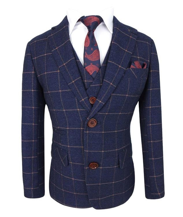 Costume à Carreaux Windowpane Slim Fit pour Garçons - Bleu Foncé - Or