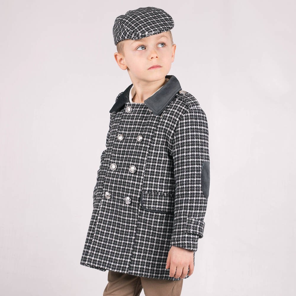 Jungen Tweed Hahnentritt Pea Coat mit passender Mütze - Anthrazitgrau