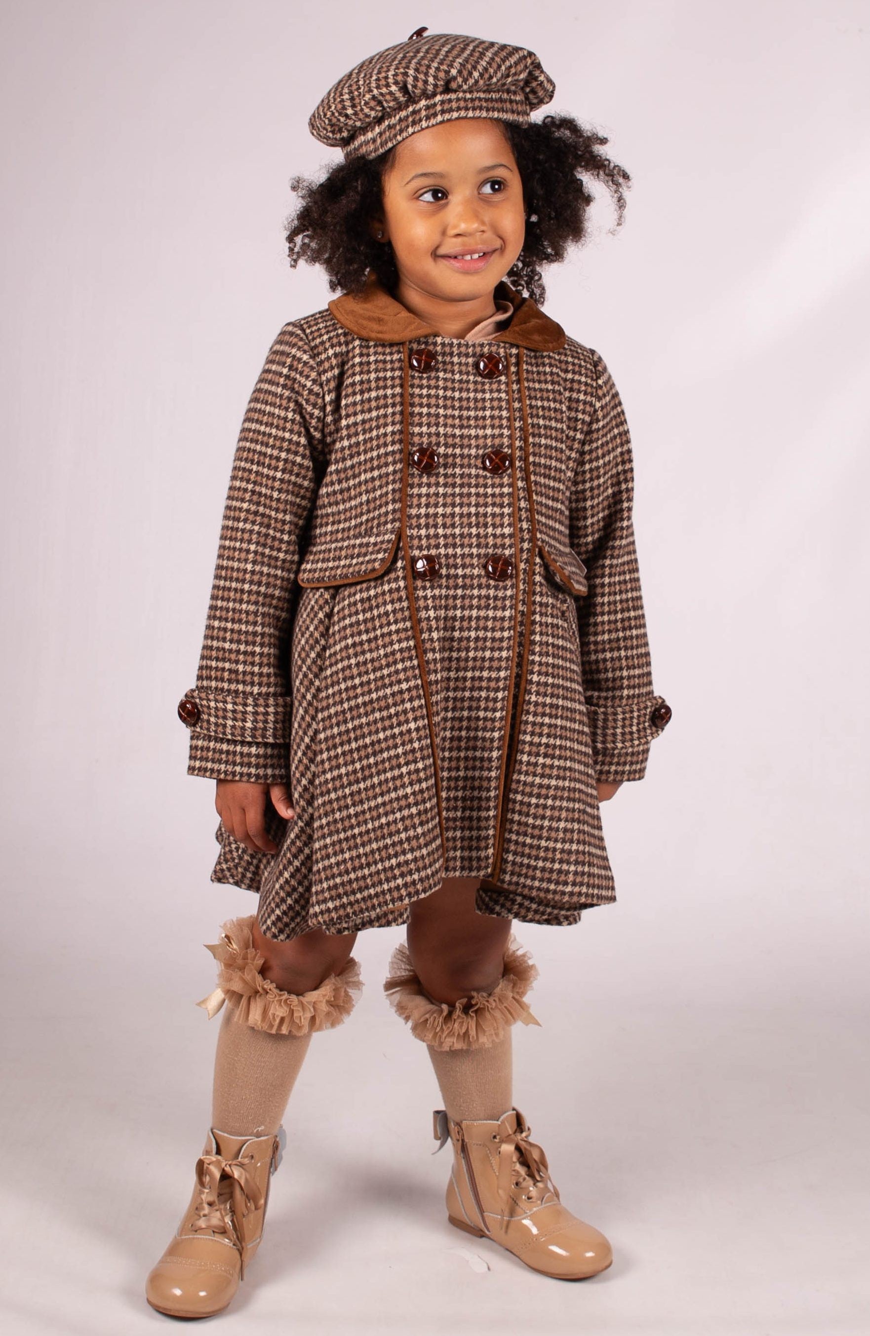 Girls Houndstooth Brown Coat & Beret Set - Brown