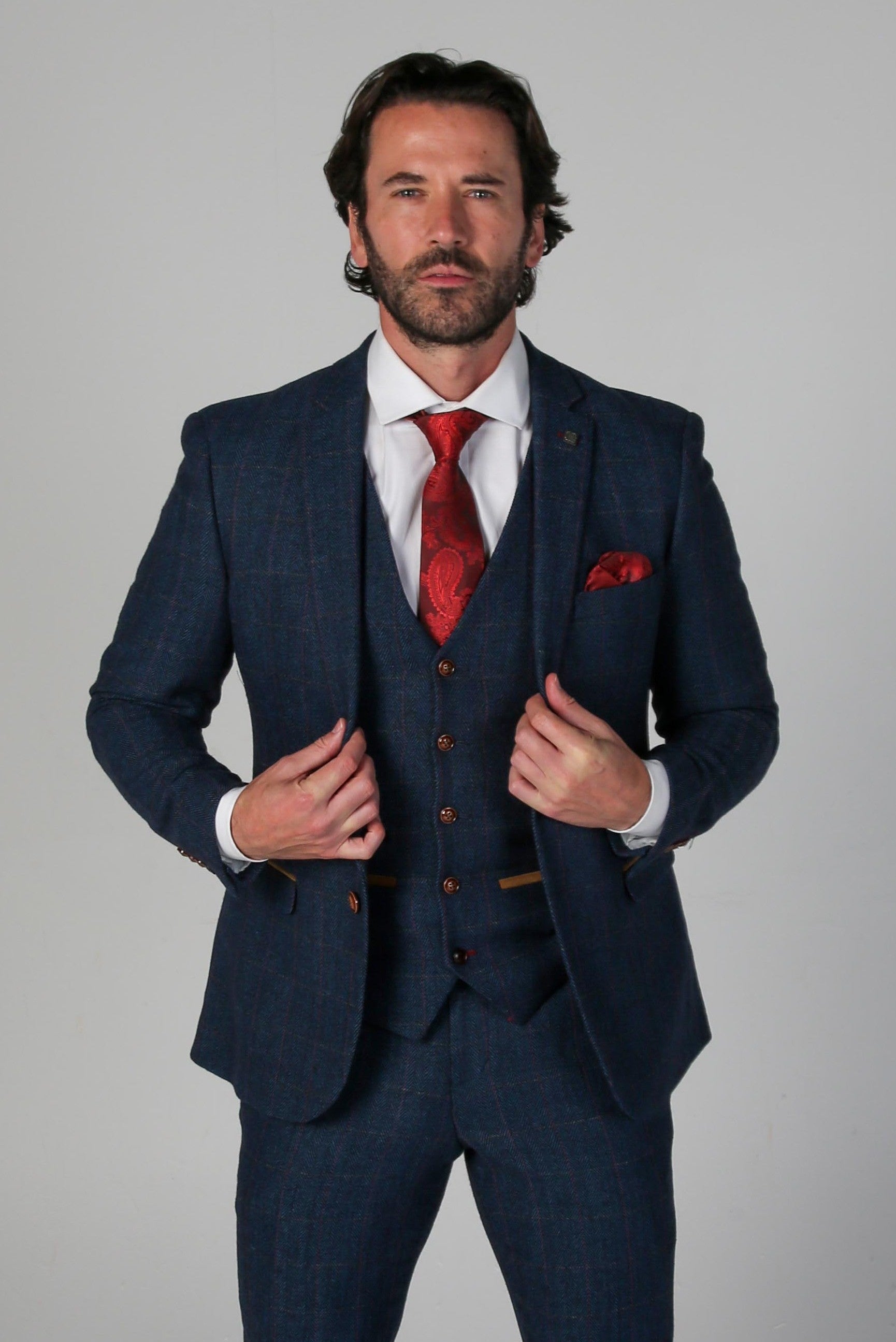 Men's Tweed Herringbone Tailored Fit Suit - SCOTT - Navy Blue