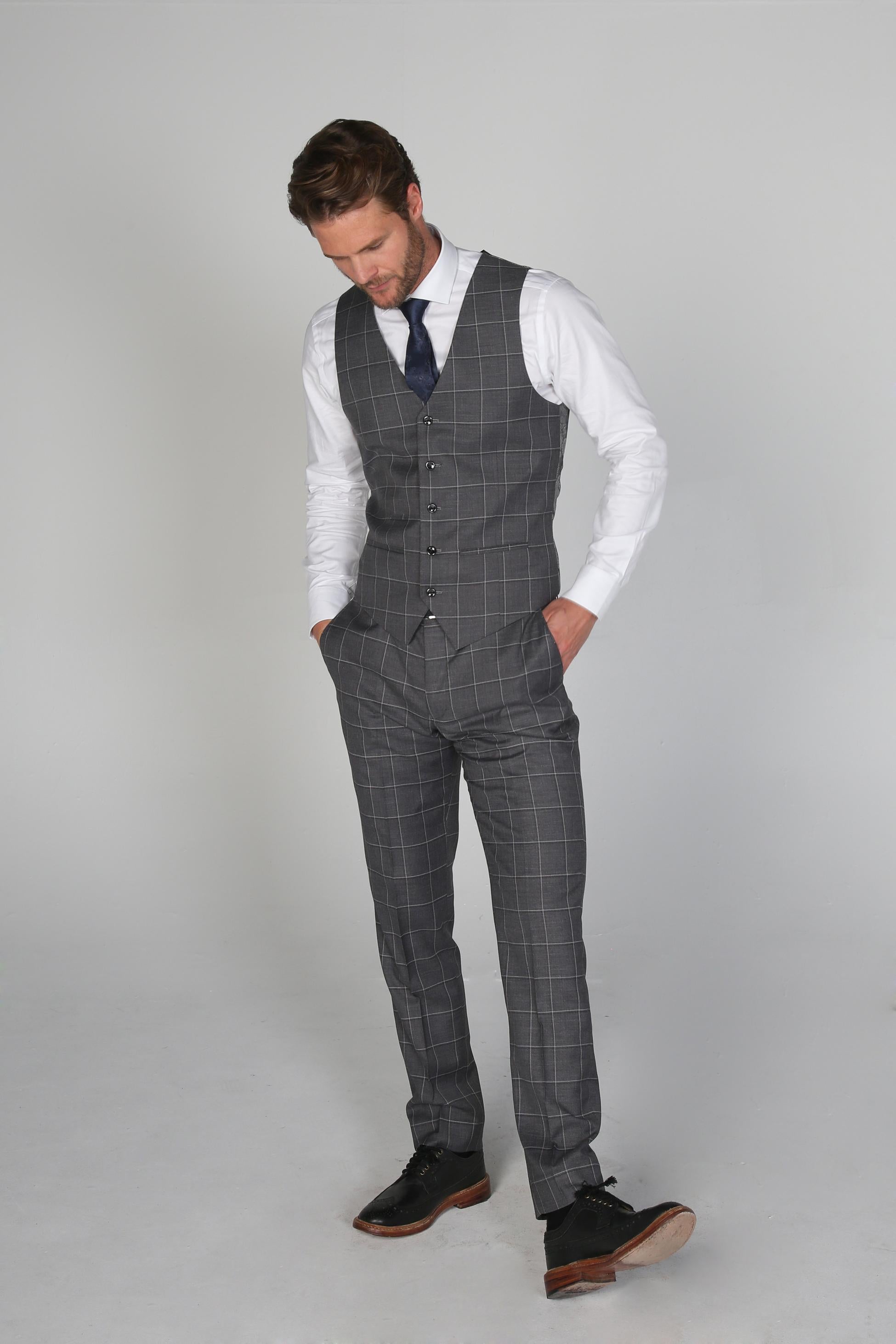 Herren Windowpane Karo Maßgeschneiderter Formalanzug - HOBBS - Grau