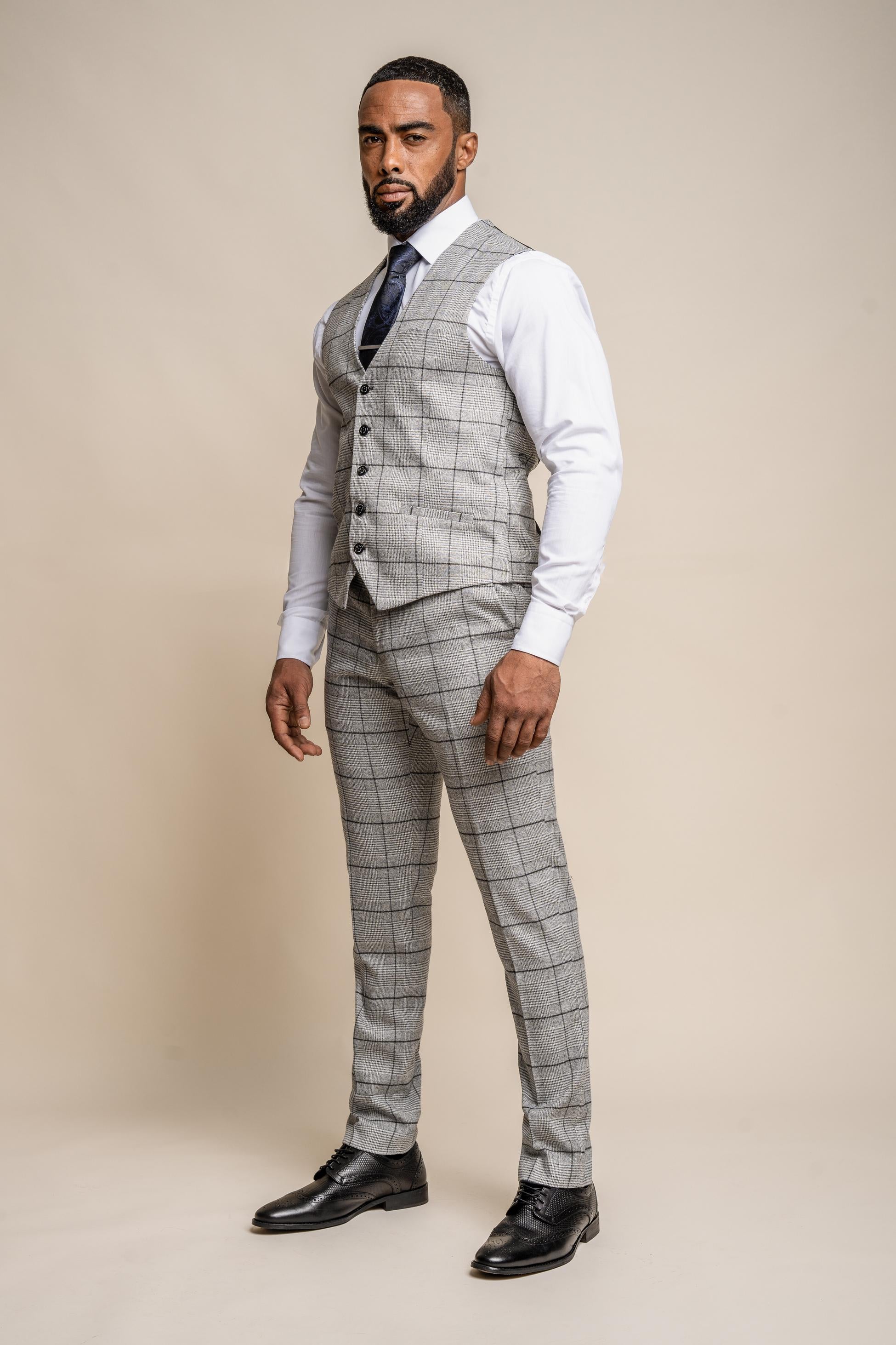 Men's Tweed Windowpane Check Slim Fit Suit - GHOST Grey - Light Grey