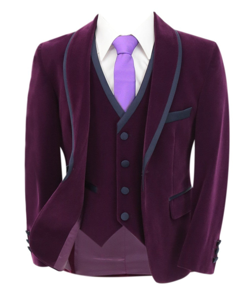 Costume de Smoking en Velours à Passepoil Slim Fit pour Garçons - LONDON - Violet