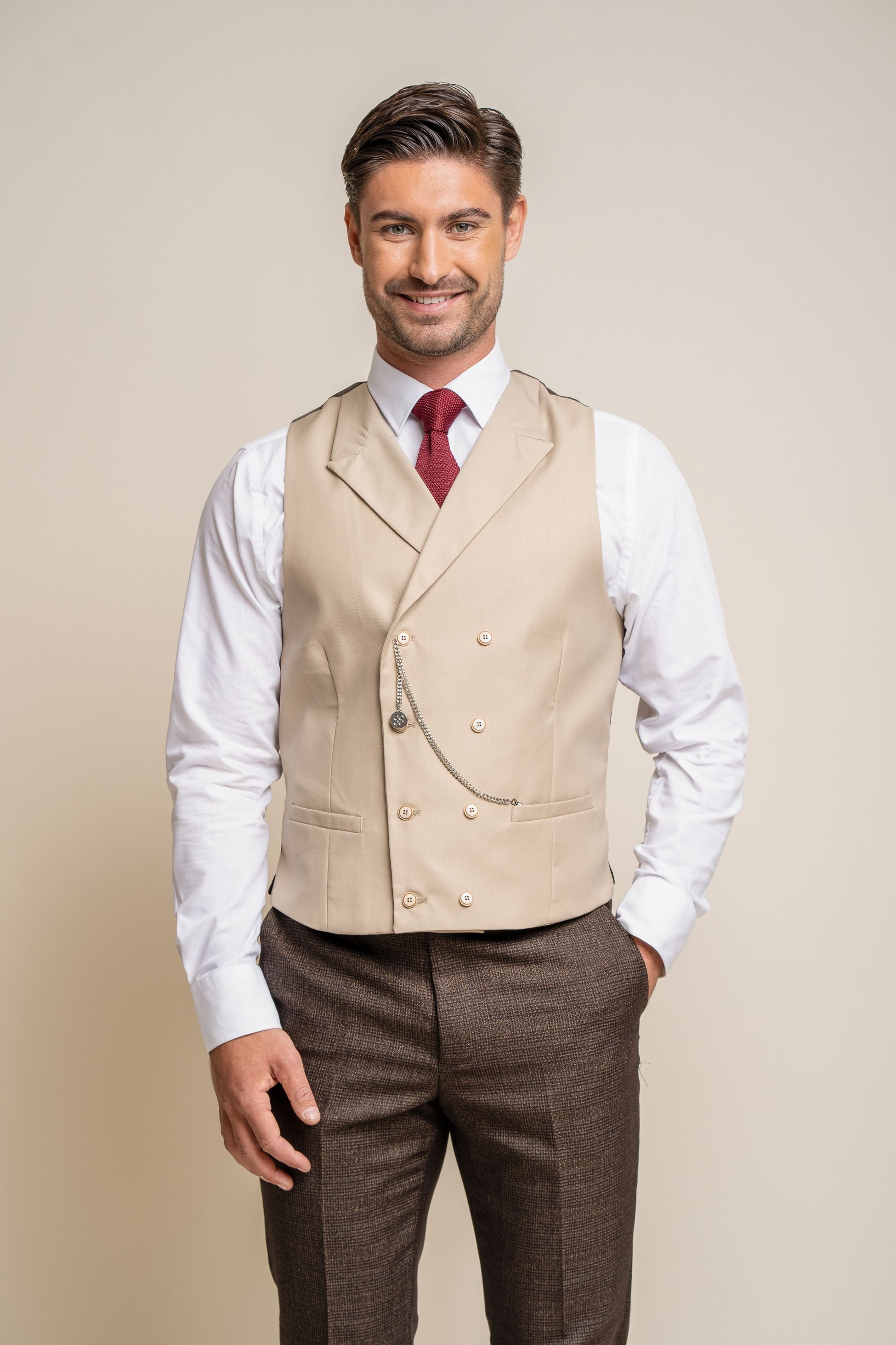 Herren Slim Fit Zweireiher Weste - LENNOX - Beige