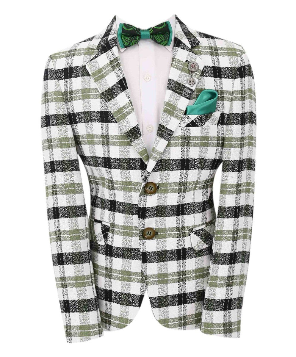 Boys Plaid Cotton Retro Slim Fit Formal Blazer - Green