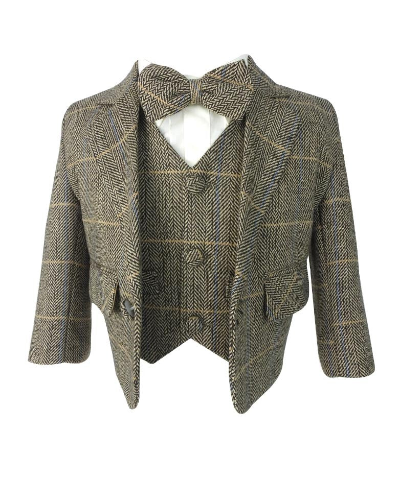 Ensemble Costume en Tweed Chevron à Carreaux pour Garçons - Marron Clair