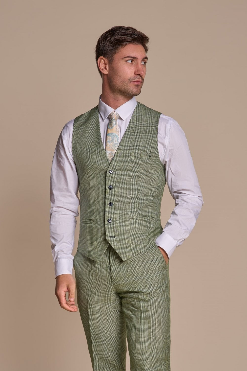 Herren Slim Fit Tweed Karo Weste - CARIDI SAGE - Salbeigrün