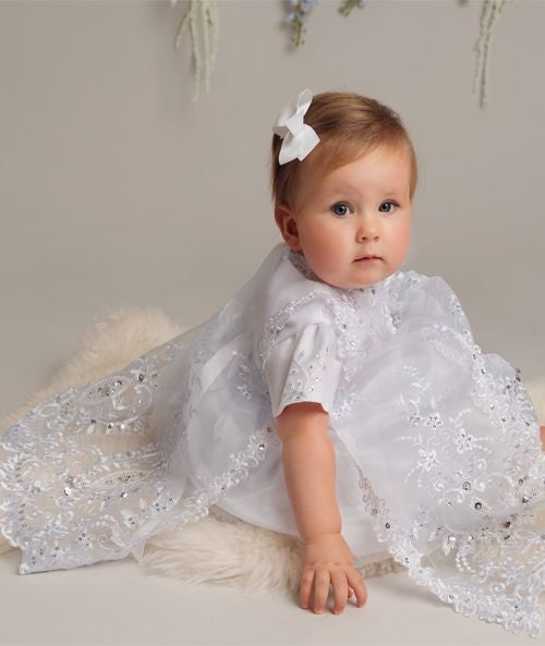 Ensemble Robe de Baptême à Paillettes Blanches pour Fillettes - L528 - Blanc