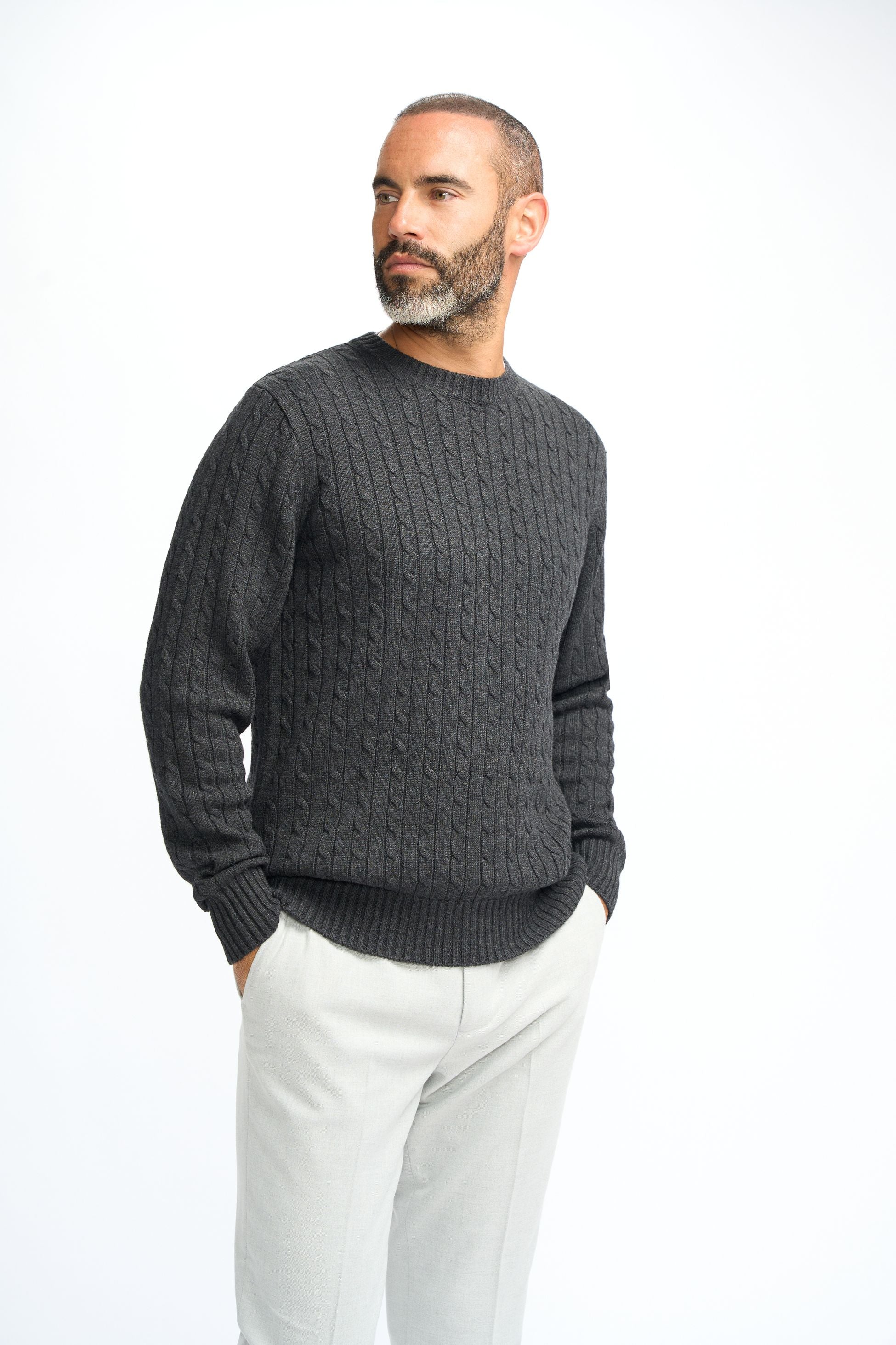 Pull en laine à maille torsadée pour hommes - Foston - Gris Charbon