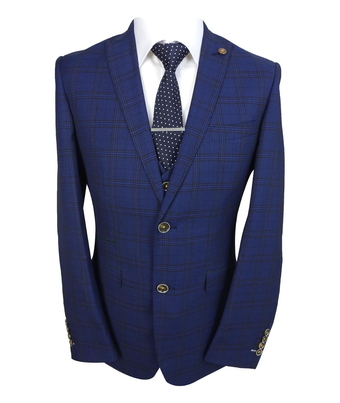 Men's Slim Fit Check 3PC Suit - MARCELLO - Navy