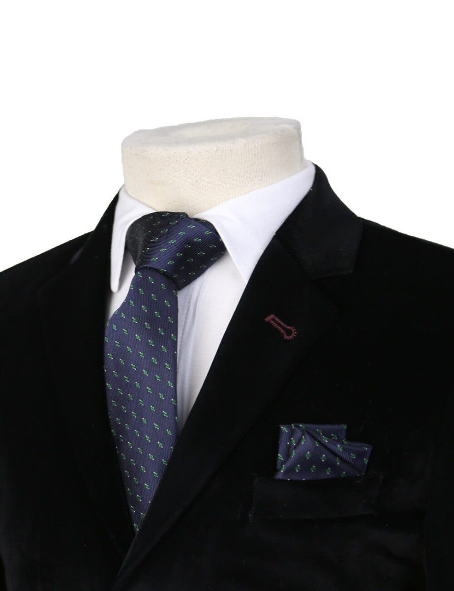 Boys Mixed Pattern Formal Tie & Hankie Set - Navy and Green