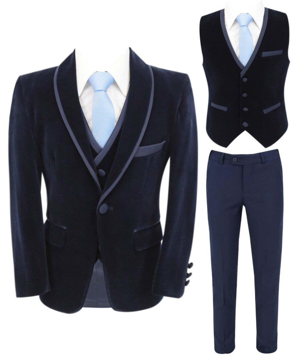 Costume de Smoking en Velours à Passepoil Slim Fit pour Garçons - LONDON - Bleu Marine