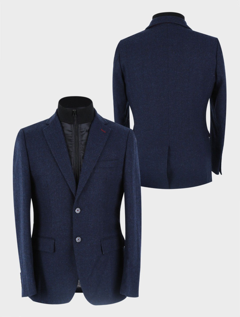 Manteau en tweed à chevrons marine avec zip amovible pour hommes - Bleu Marine