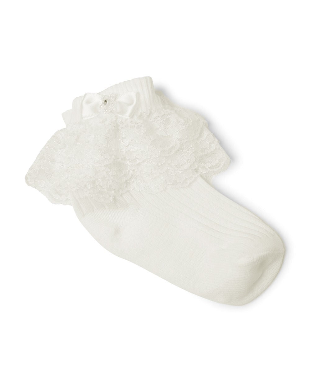 Mädchen Spitzenrüschen Socken mit Satin Schleife - ROXANNE - Elfenbein