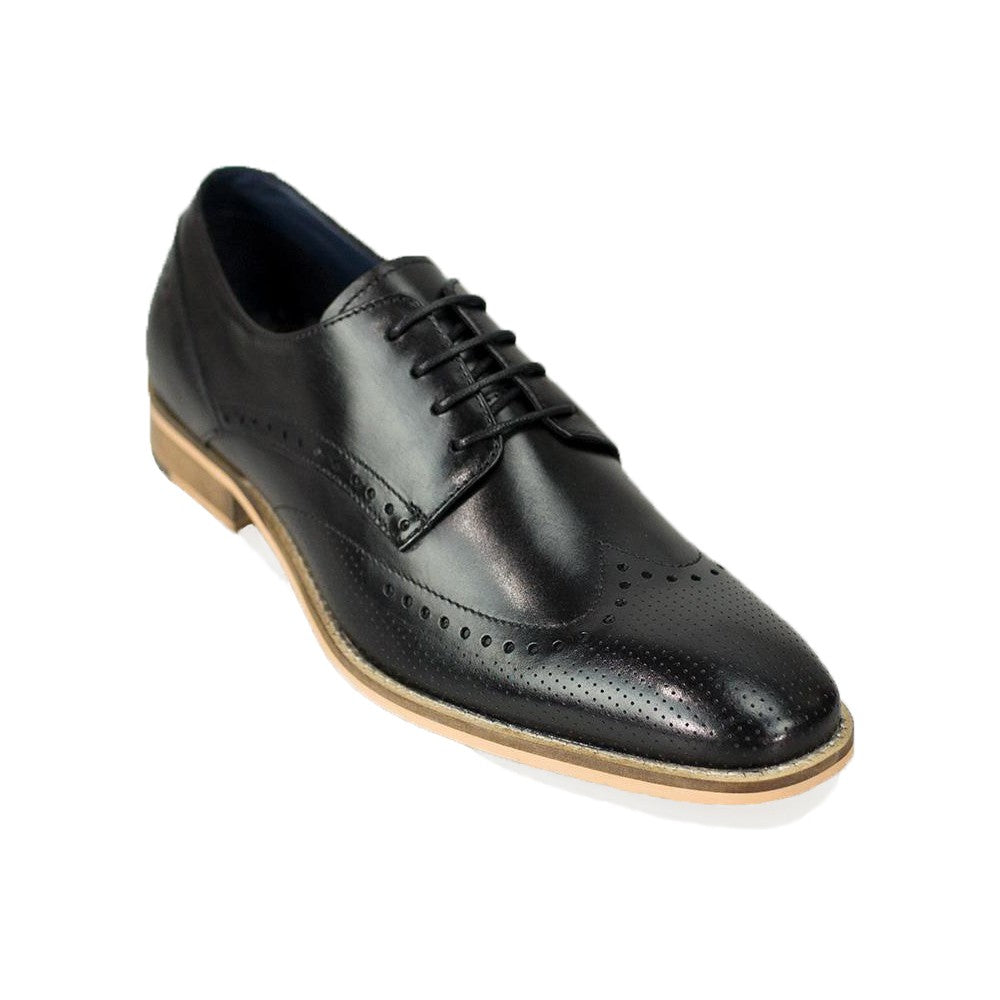 Herren Leder Schnürsenkel Wingtip Brogue Schuhe - ROME - Schwarz