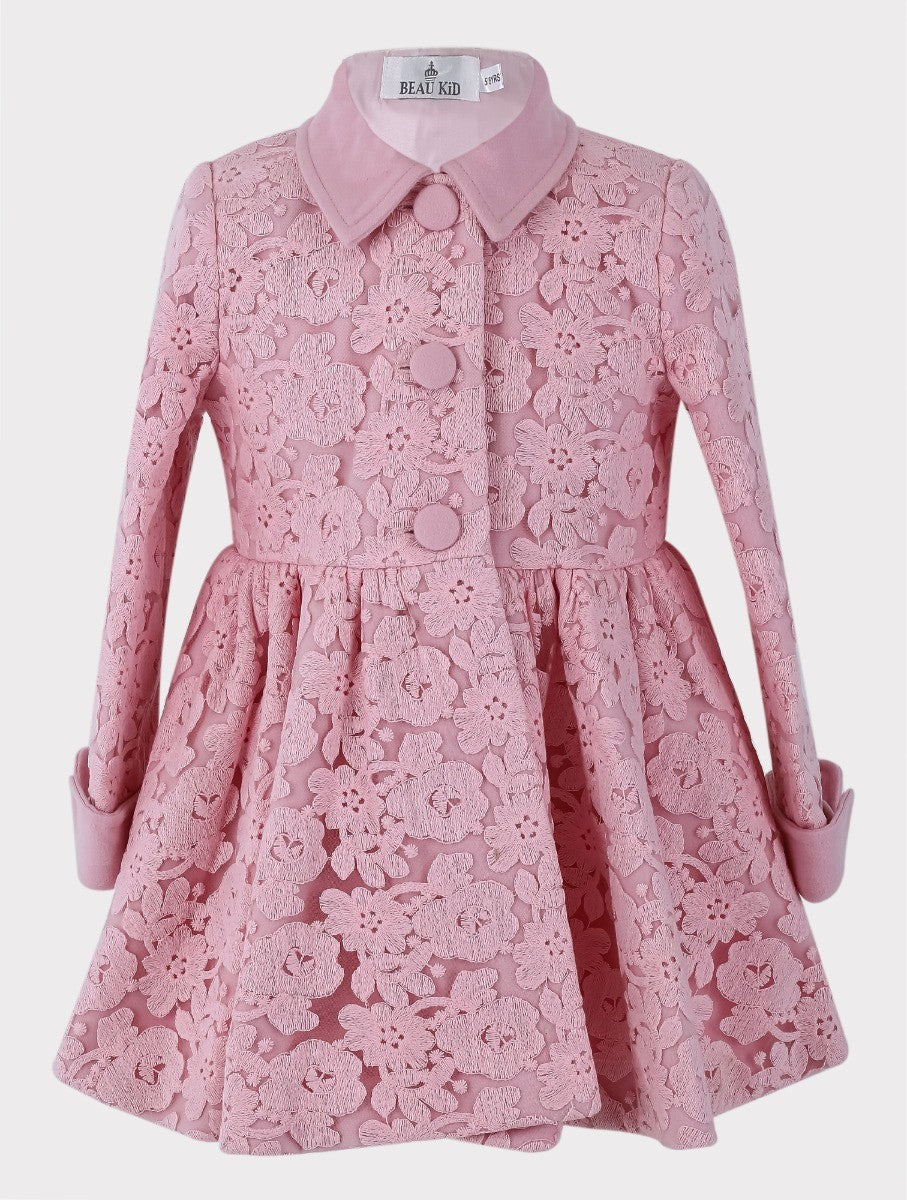 Ensemble Manteau Brodé Fleuri en Dentelle 2 Pièces pour Filles - Rose