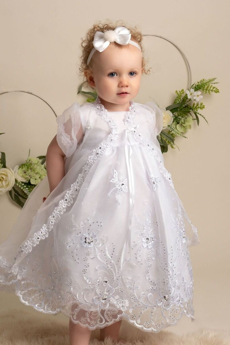 Baby Girls Sequin & lace Christening White Dress Set - 396 - White