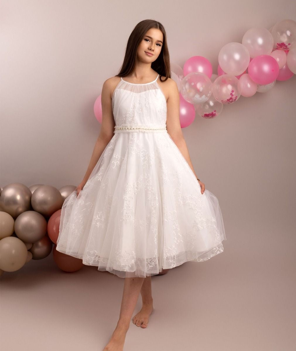 Girls' Ivory Halter Neckline Tulle Dress - GIA - Ivory