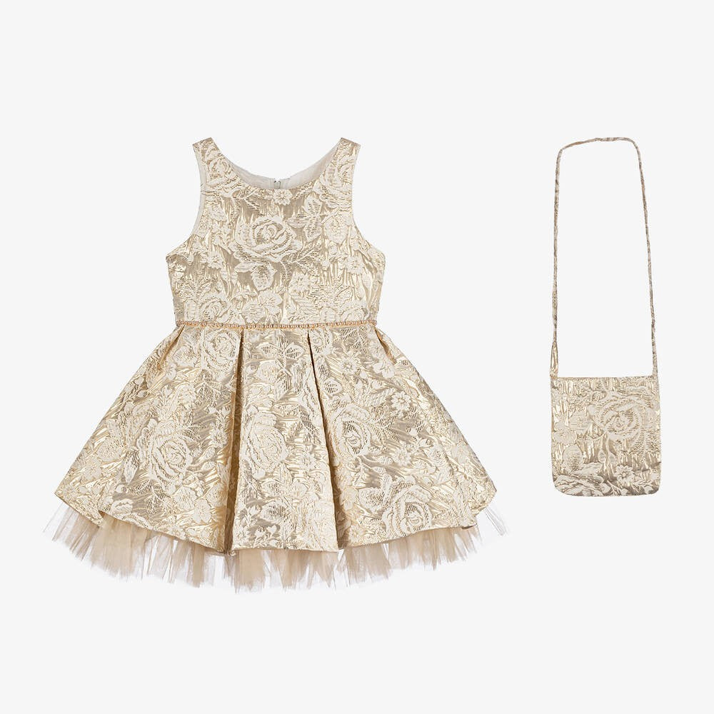 Girls’ Gold Floral Brocade Dress & Bag Set - Myra - Gold