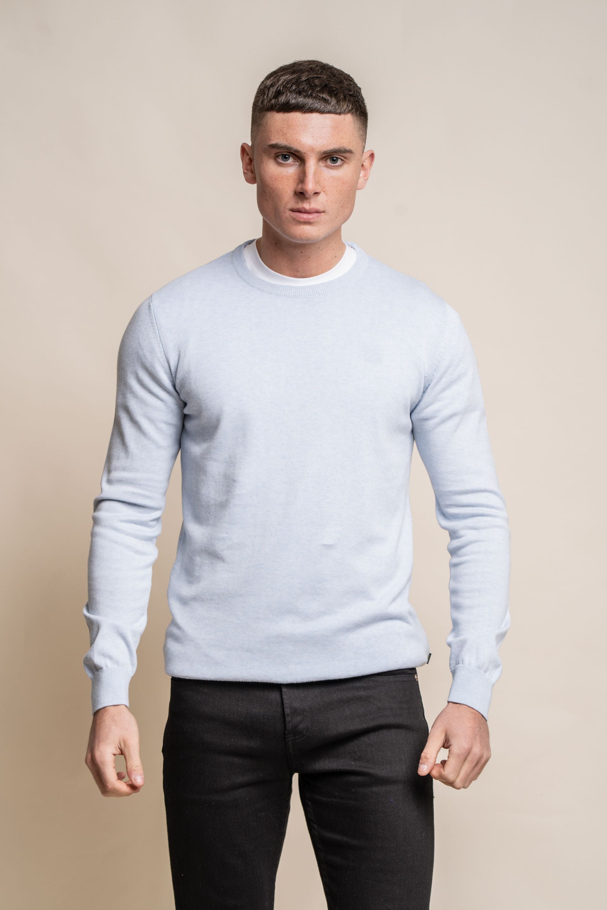 Pull en coton ajusté à col rond pour hommes - Marlin Bleu