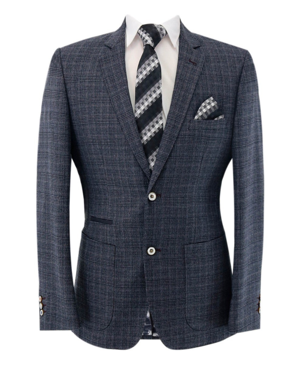 Blazer en Tweed à Motif Check Gris Slim Fit pour Homme - COSTELLO - Gris Foncé