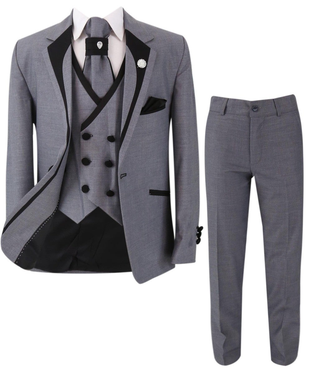 Jungen Slim Fit Piping Grauer Tuxedo Anzug - Grau