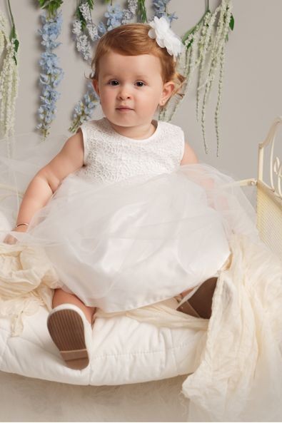 Baby Mädchen Taufkleid mit Spitze & Schleife - ROSE - Elfenbein