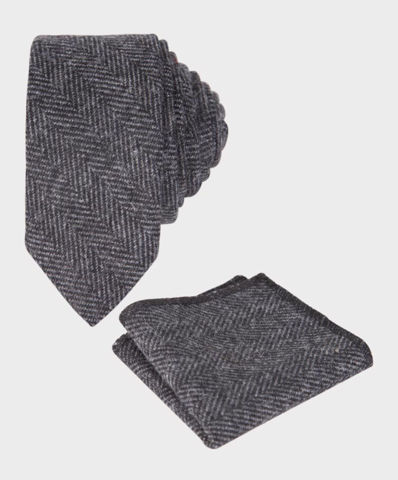 Jungen Fischgrät Tweed Krawatte und Taschentuch-Set - Schwarzgrau