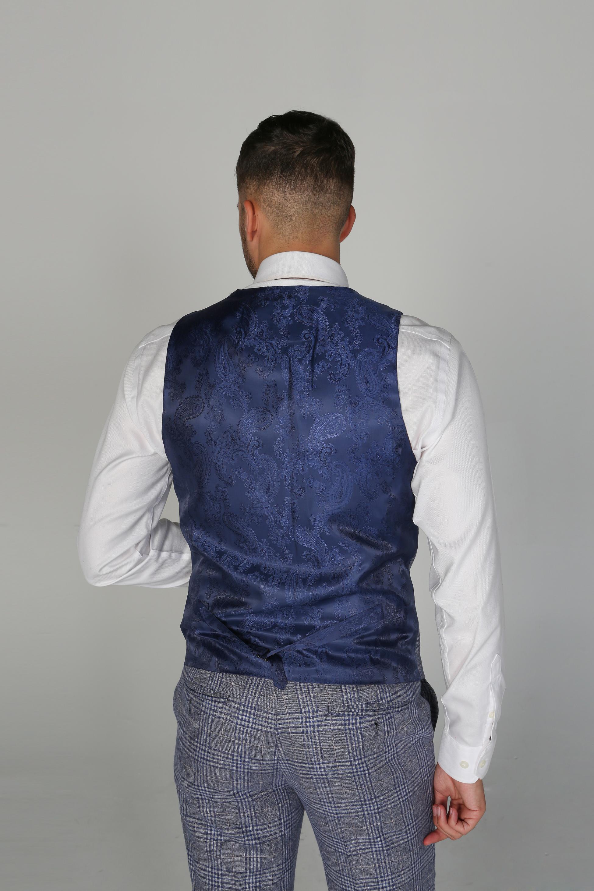 Men's Retro Check Tailored Fit Blue Waistcoat - VIKTOR - Blue