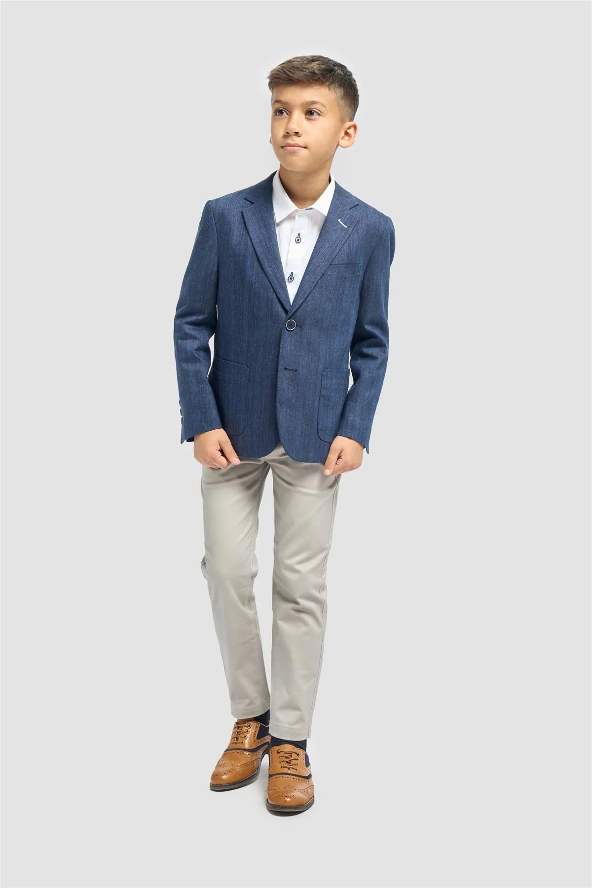 Blazer en lin à poche à rabat en herringbone pour garçons - Luigi - Bleu Marine